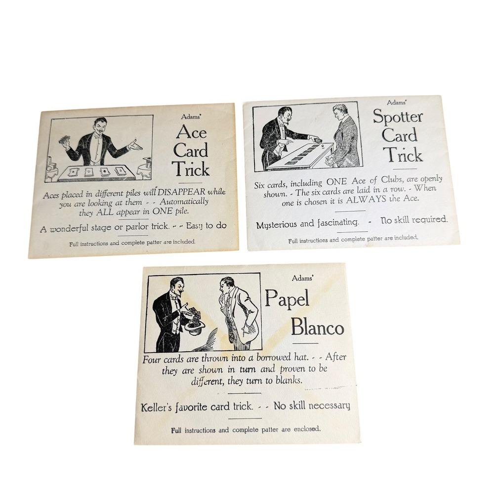 Vintage Adams Magic Card Trick Set Ace Spotter Papel Blanco Lot of 3 Illusions